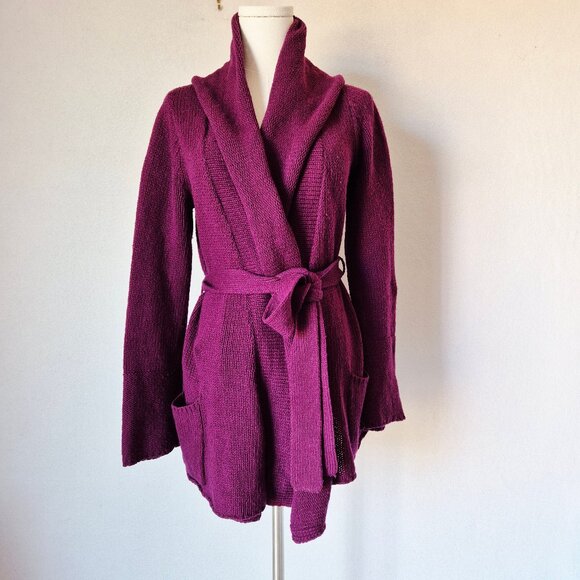 Sparrow Wool Blend Tie-Waist Shawl Neck Cardigan Pocket Purple - Picture 1 of 11